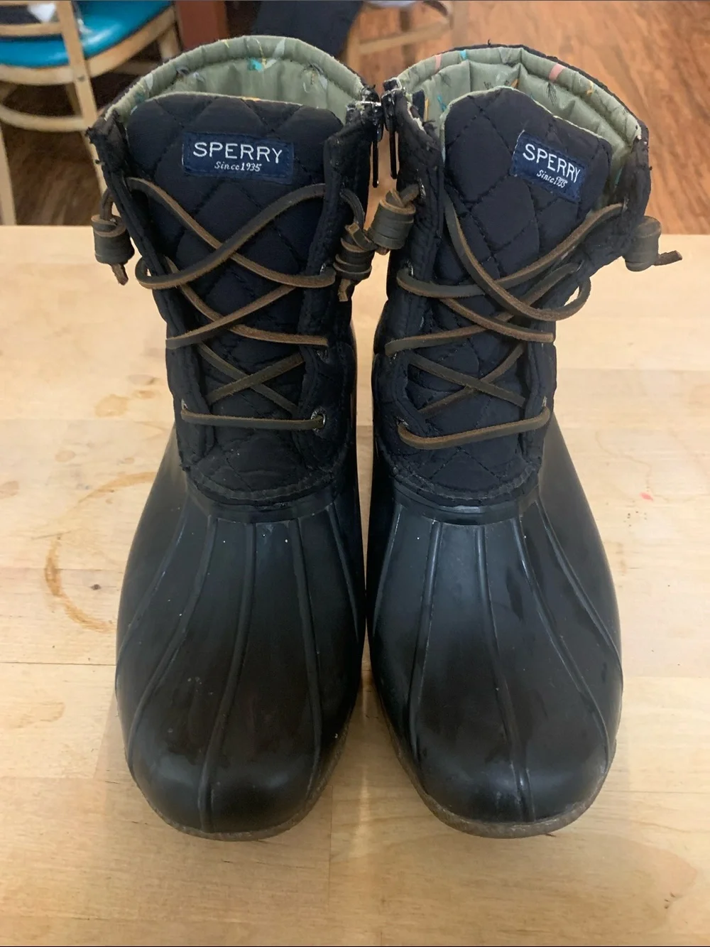 Sperry Black Quilted Duck Boots with Brown Laces